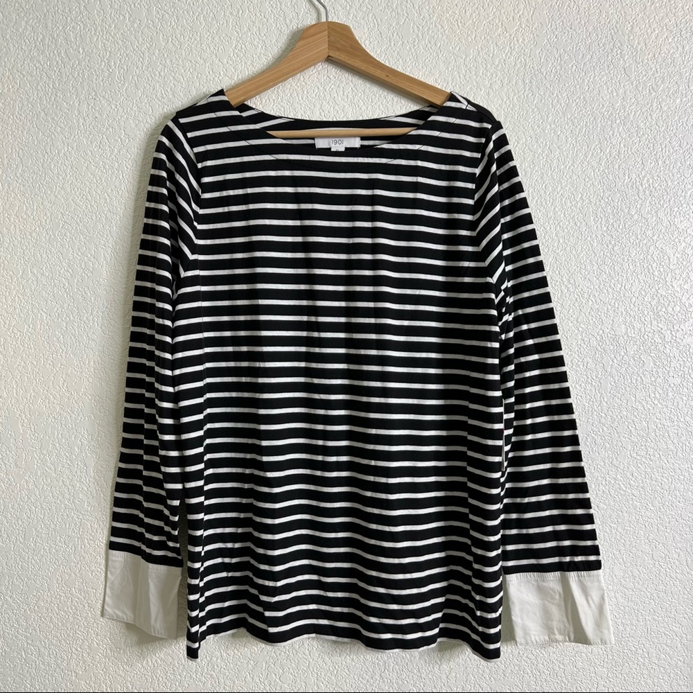 1901 Women’s Long Sleeve Blouse Top Black and White Striped XL NEW